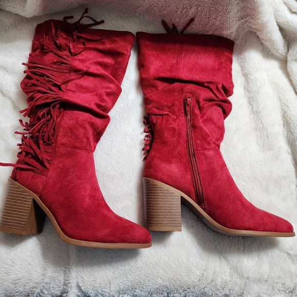 Journee Collection Shoes - Journee Collection Hartly Red Fringe Boots 5.5 X-Wide Calf
